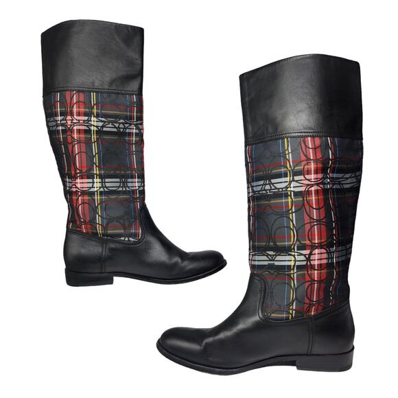 Coach Boots Womens 8.5 Black Red Plaid Tartan Leather Knee High Heeled Knee High - Picture 2 of 12